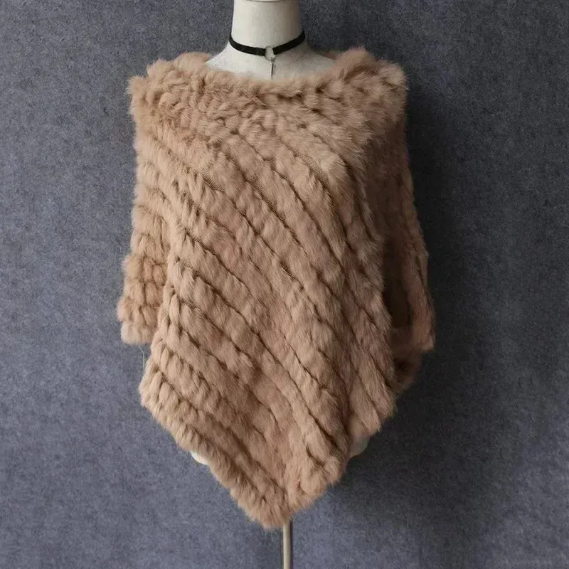 Frühling Gestrickter Naturpelzschal Mode Kaninchen Cape Echte Frauen Schwarz Poncho 231226