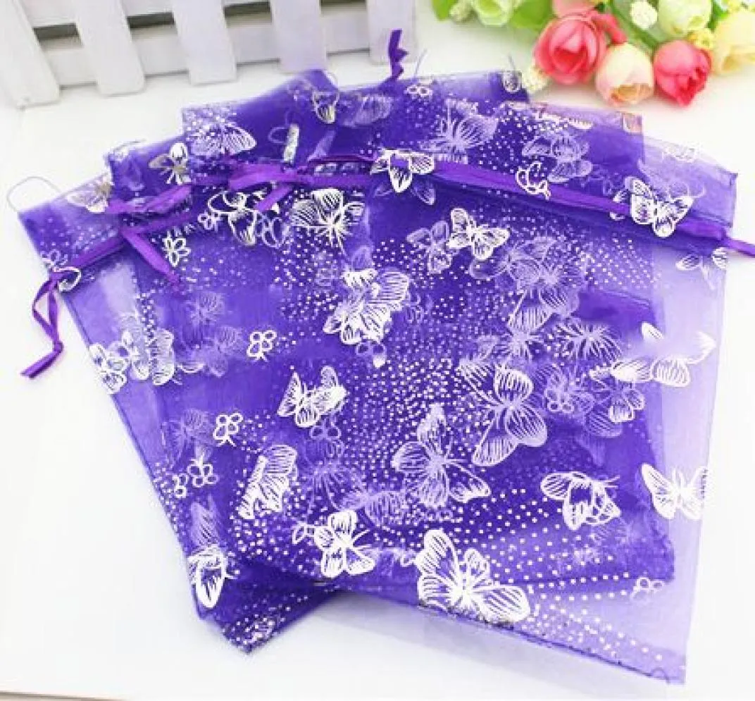 whole 100pcslot 9x12cm Purple Butterfly Christamas Wedding Drawable Organza Voile Gift Packaging BagsPouches1008817