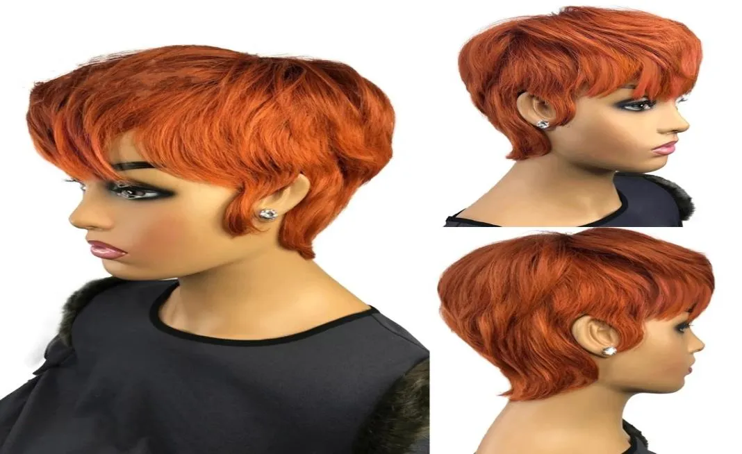 Ginger Orange Color Wig Short Wavy Bob Pixie Cut Full Machine Made No Lace Human Hair Wigs With Bang för Black Women Brazilian9851401