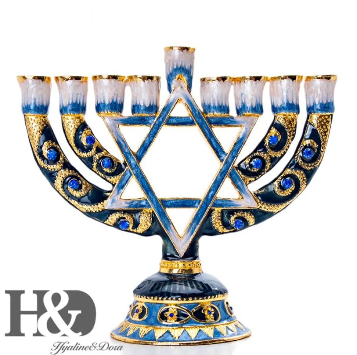 HD Hanukkah Pintado à Mão Esmalte Castiçal Chanukah Menorah Templo Hexagonal Estrela de David Castiçais 9 Ramo Festa em Casa Y23542840