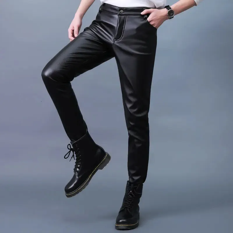 Autumn Winter Moto Biker Pu Leather Pants Straight Slim Men's Leggings Elastic Velvet Tight KoreanStyle Black Pencil 231225