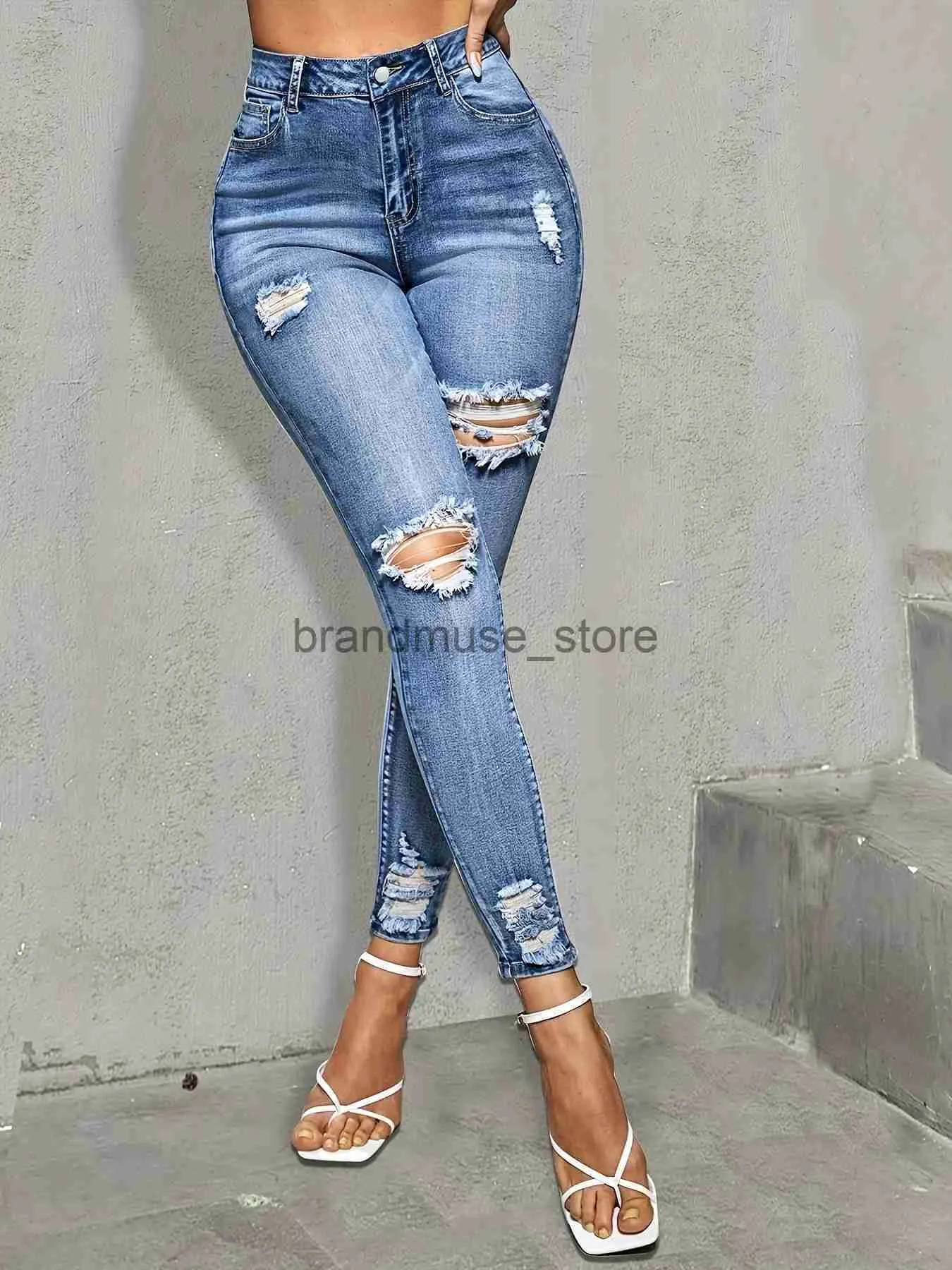 Kvinnors jeans blå rippade hål mager jeans smala passform hög stretch nödställda jeans kvinnors denim jeans kläder j231226