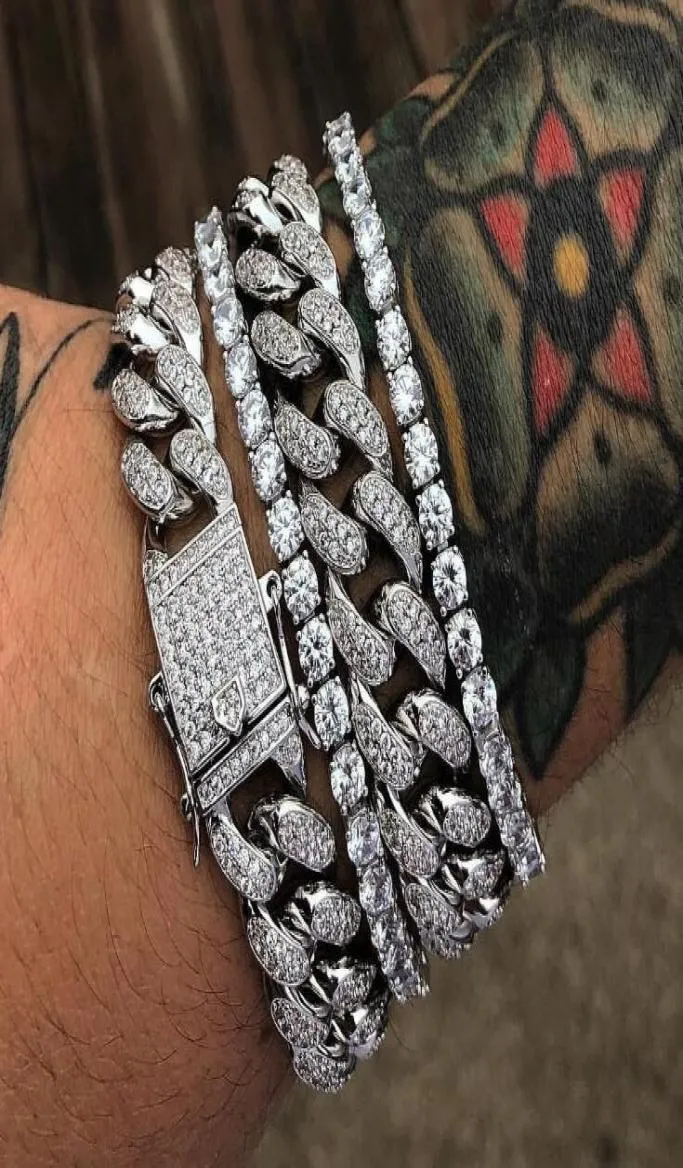 Hip Hop Iced Out Chains Gold Silver Armband Cubic Zirconia Bling Open Lock Seamless Cuban Miami Link Chain Armband For Men Jewl3997373