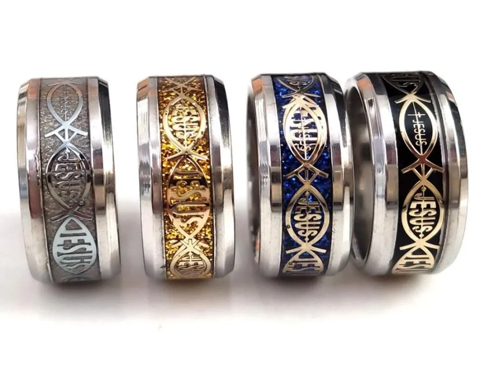 24pcslot högkvalitativ Jesus Letter 316L Rostfritt stål Ring Top Color Mix Religious Christian Fing Finger Rings män kvinnor Weddin8241076