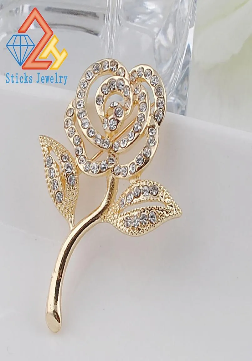 New Arrival Crystal Rose Brooch Gold Plated Elegant Brooches Pins Cute Fashion Jewelry Rhinestone Brooches9507411