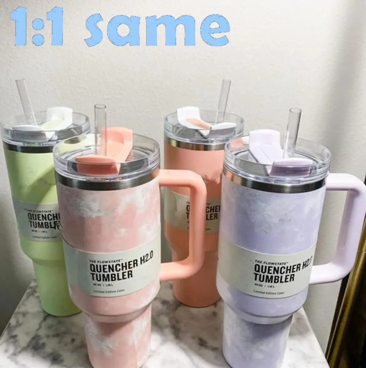 US Stock Quencher 40oz Tumbler Tie Dye Light Blue Pink Leopard Handle Lock Straw Beer Mug Water Bottle Powder Coating Outdoor Camping Cup B1226