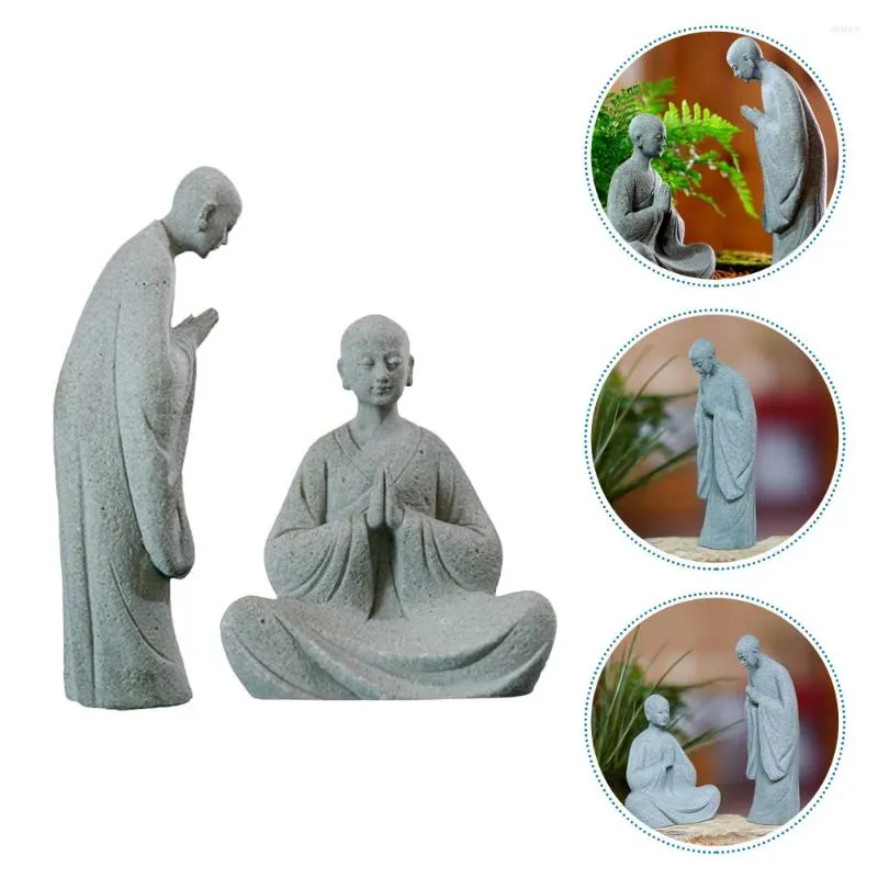 Décorations de jardin 2 pcs Micro Paysage Bouddha Statue Ornement Moine Sculpture Pierre Mini