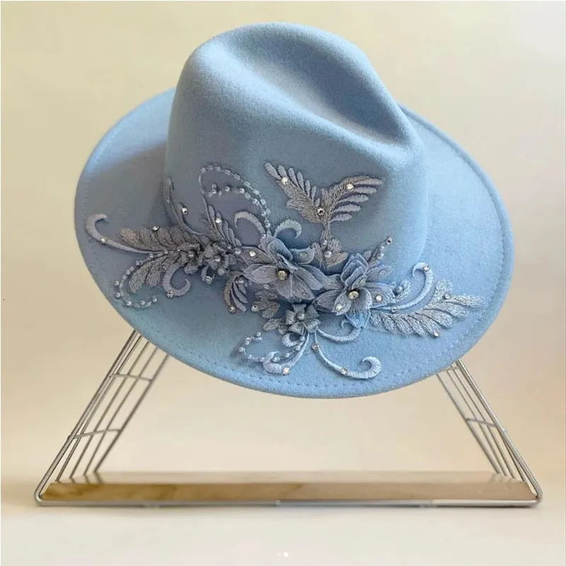 Broderad tredimensionell blomma fedora hatt kvinnors jazz topp hatt vår och hösten panama kyrka mode elegant bröllopshatt 231225