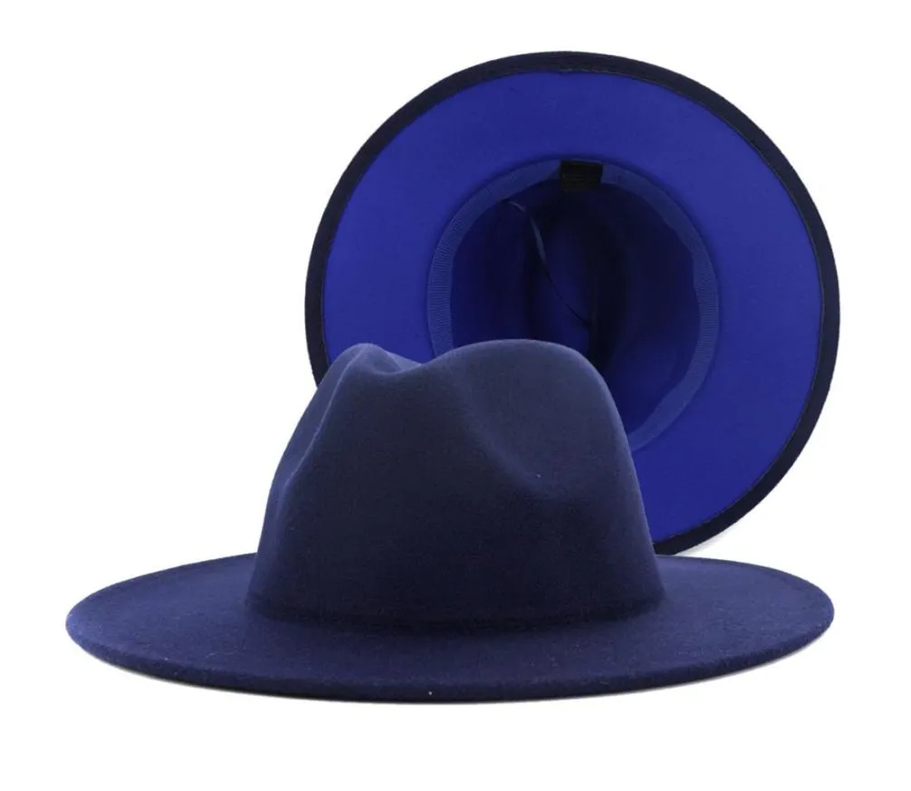 Trendy Navy Blue RoyalBlue Patchwork Faux Wool Fedora Hats Women Män kände vintage Panama Jazz Cap med Belt Buckle3632056