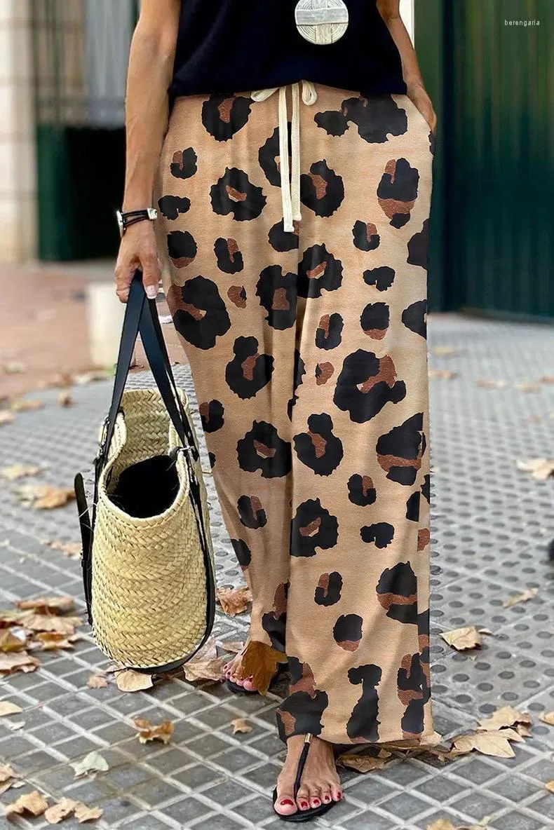 Calças femininas outono leopardo impressão de perna larga personalidade cordão cintura alta calças casuais feminino streetwear
