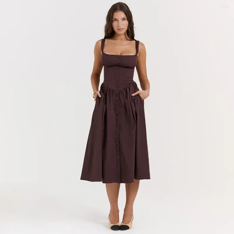 Casual Dresses Mingmignxi Autumn Dress Woman 2023 Trendy Midi Spaghetti Strap Brown Long One-piece Gown In Sexy Birthday