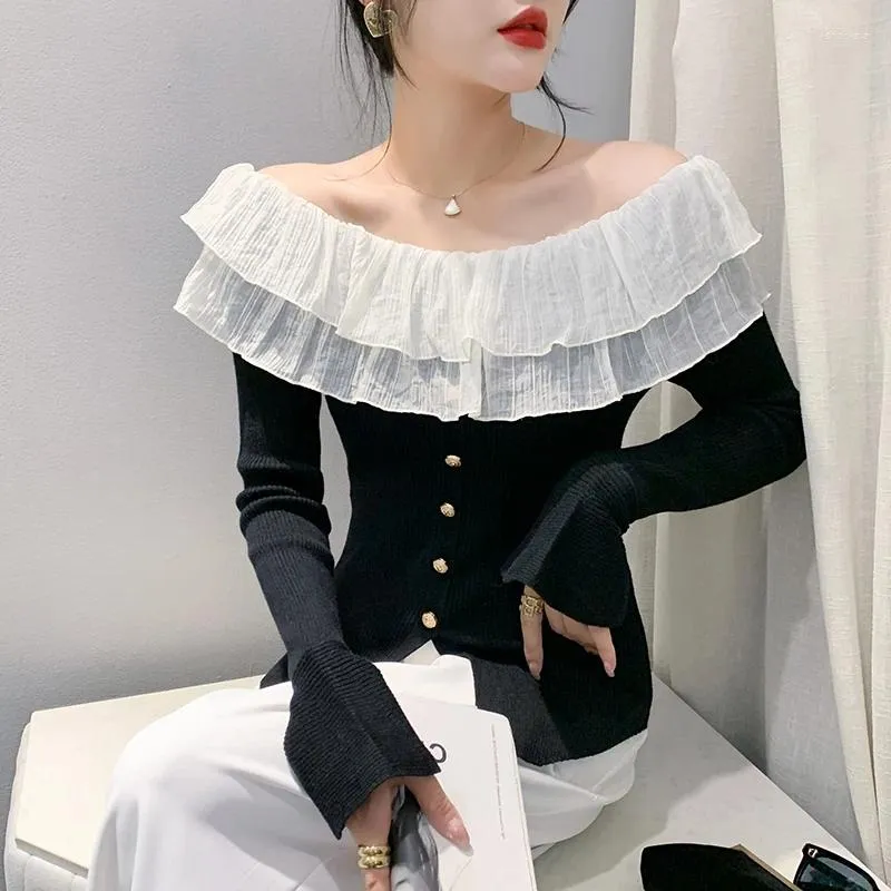 Women's Sweaters 2023 Fall Winter European Clothes Knitted Chic Sexy Double Ruffles Patchwork Women Pullover Flare Sleeve Tops 39038