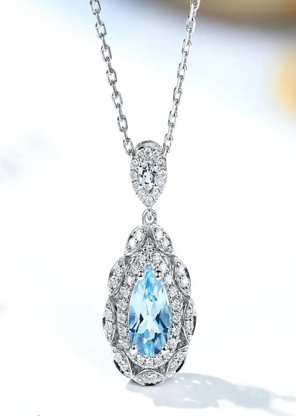 Vintage Aquamarine Blue Crystal Topaz Gemstones Diamond Pendant Neckor for Women White Gold Silver Color Jewel Fashion Gift6981578