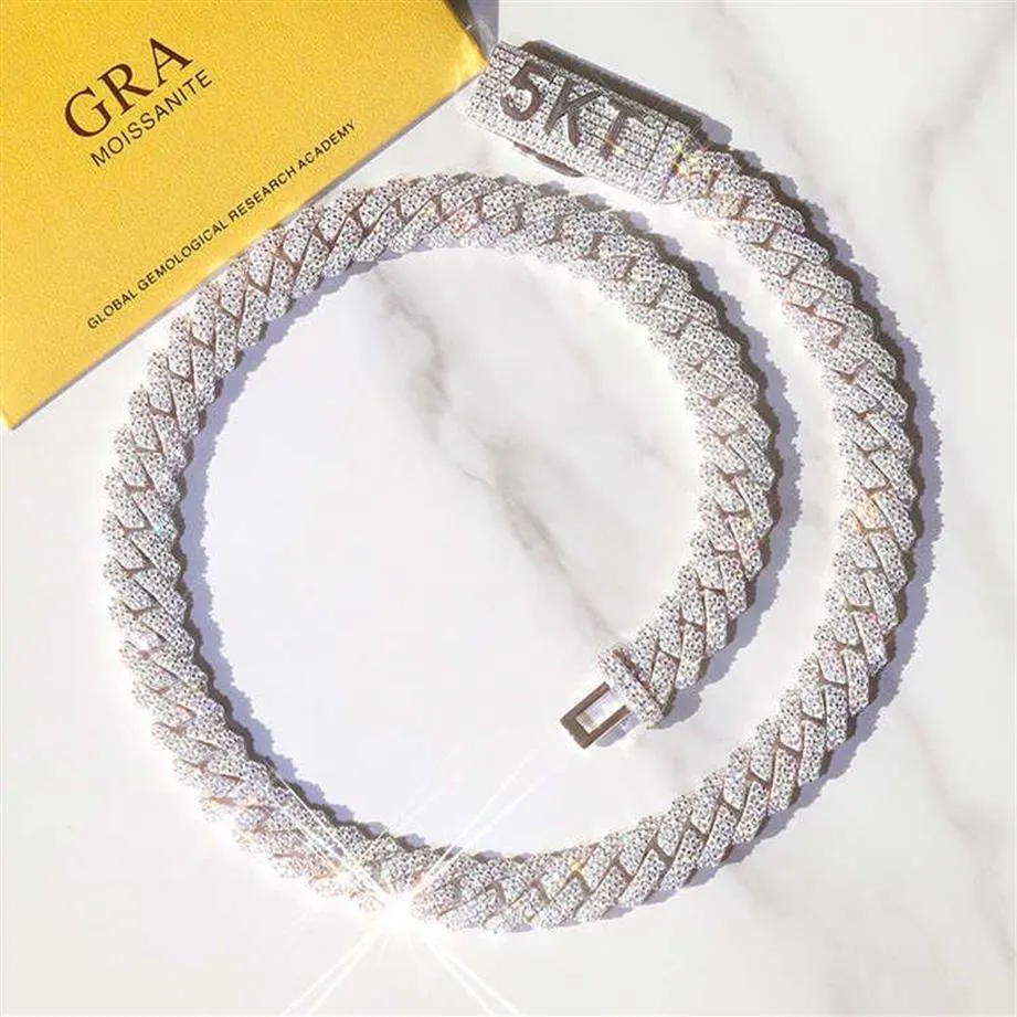 Gra Certificaat Moissanite Diamond 10mm 12mm Breed Massief Zilver Cubaanse Link Chain voor Heren Hip Hop Necklace244d