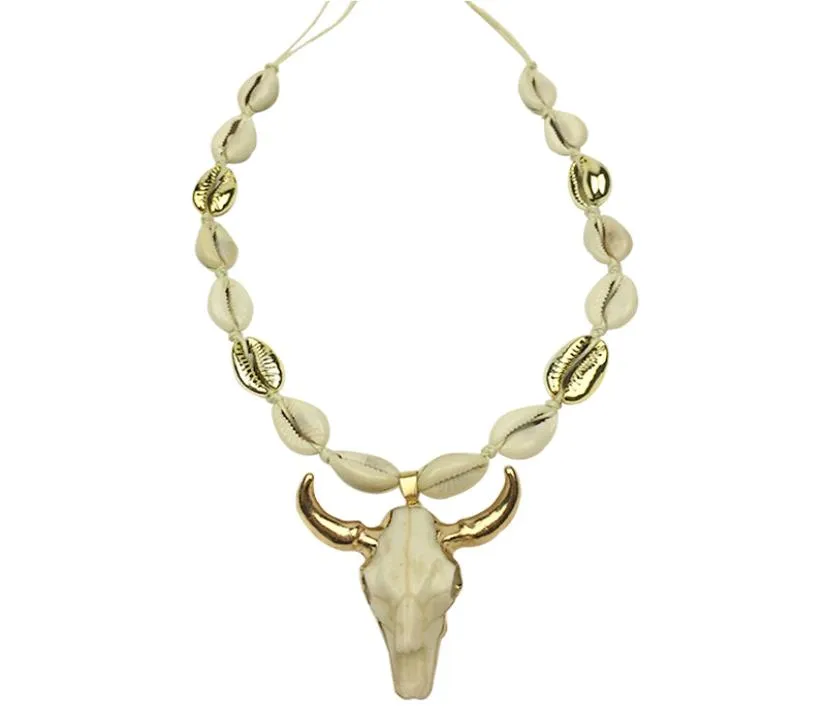 DM Cow Bull Head Pendant Necklace Women Rope Chain Natural Cowrie Shell Long Animal Skull Boho Jewelry Collier Femme 2020 Kolye Y29233800