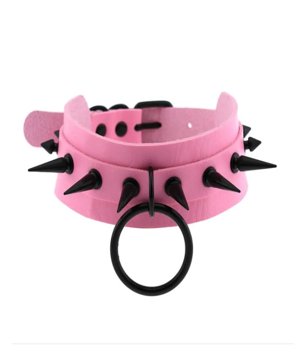 Chokers moda rosa couro gargantilha preto colar de pico para mulheres metal rebite cravejado colar meninas festa clube chockers gótico acc2951714