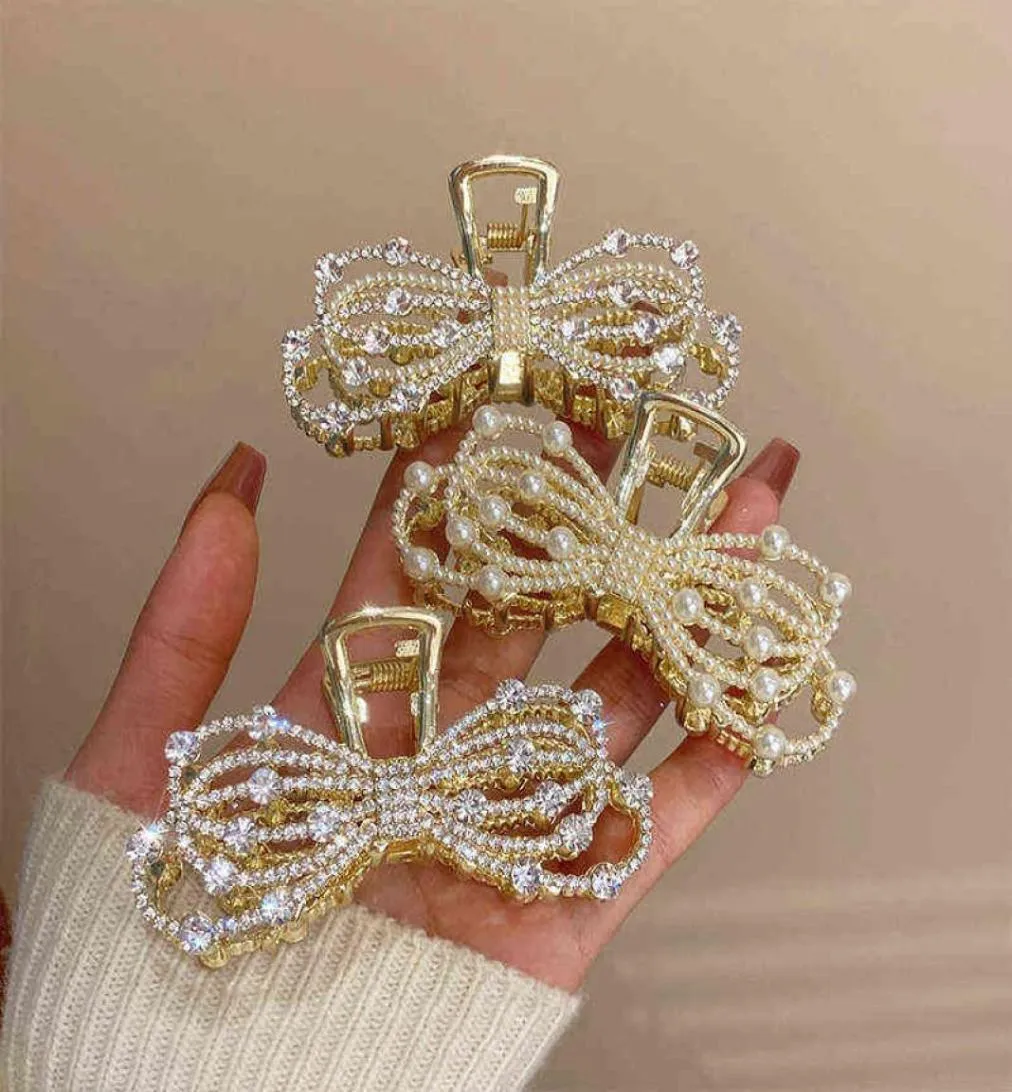 Utsökt Bow Pearl Full Diamond Clip Elegant Grip Hair Clip for Women Daily Wear Smyckesgåvor Hårtillbehör för kvinnor T2208081374107