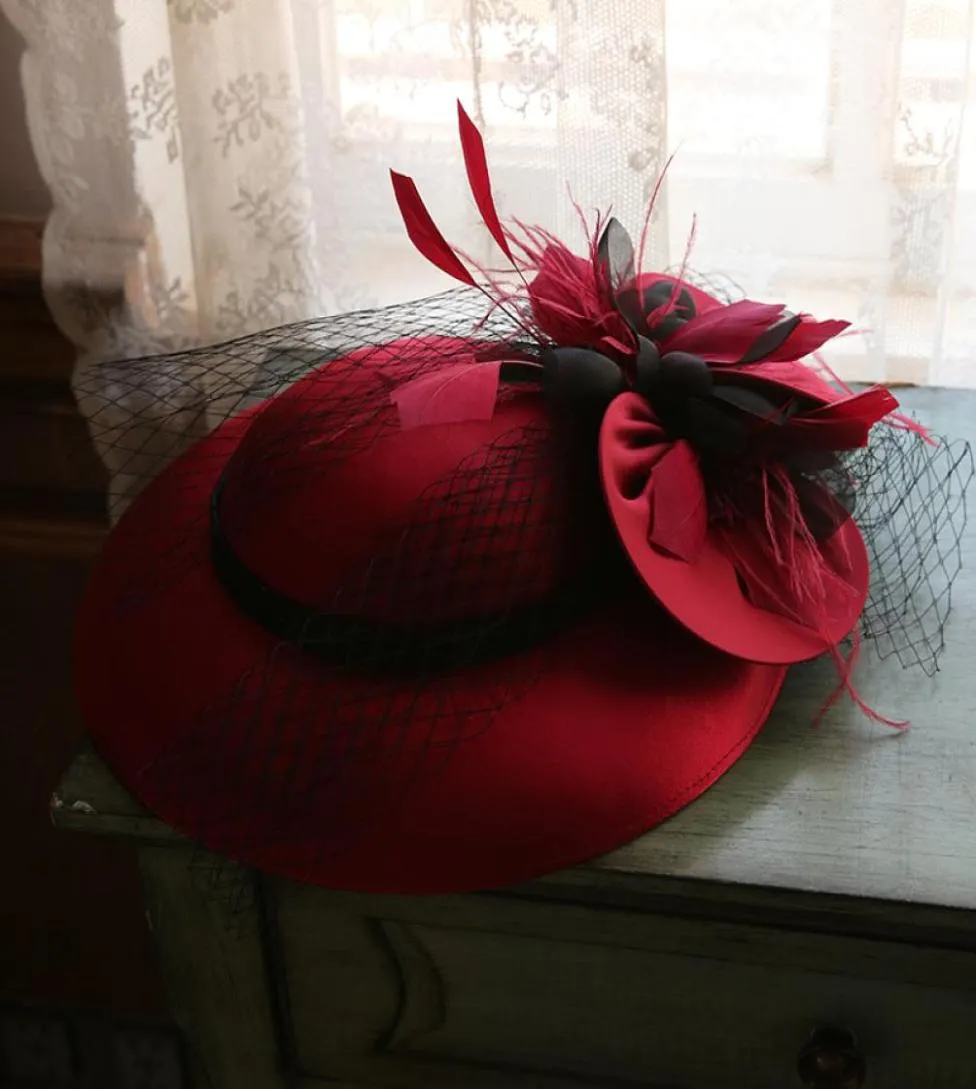 Burgundia biała zasłona ślubna czapka wróżka kwiat fascynator fedora kapelusz elegancki damski koktajl panny młodej narzeczania 20208513398