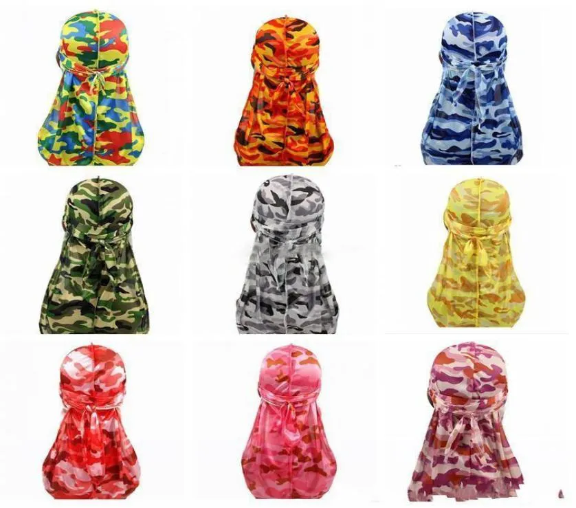 Miltary camuflagem sedosa durag colorido premium 360 ondas cauda longa durags hiphop bonés para homens e mulheres de alta qualidade durag7278636