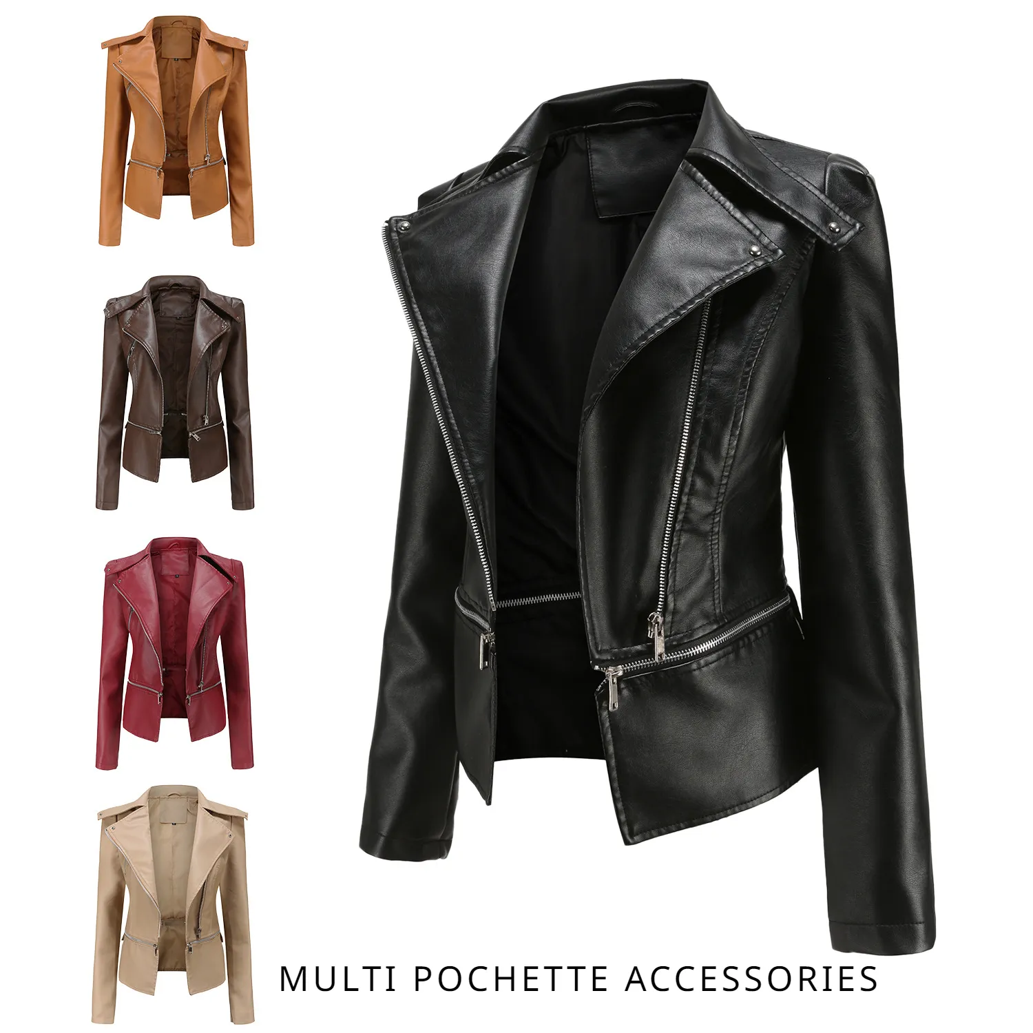 0C448M40 Women's Jacket Faux Leather Multi Pochette Accessories Spring and Autumn Fashion Casual Coat