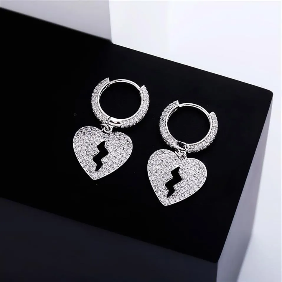 Hip Hop Or Boucles D'oreilles Bijoux Glacé Coeur Brisé Hommes Femmes Argent Boucle D'oreille238z