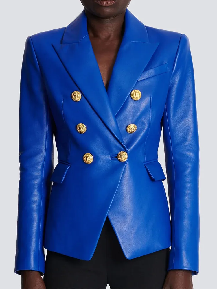 Qualidade superior est moda designer jaqueta feminina duplo breasted leão botões fino encaixe falso blazer de couro 231225