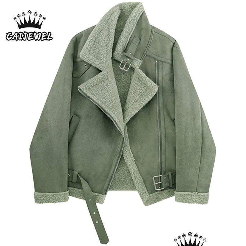 Mulheres misturas de lã das mulheres pele de cordeiro jaquetas de pelúcia inverno sobretudo streetwear baggy grosso quente feminino verde tops zíper algodão padd oterq