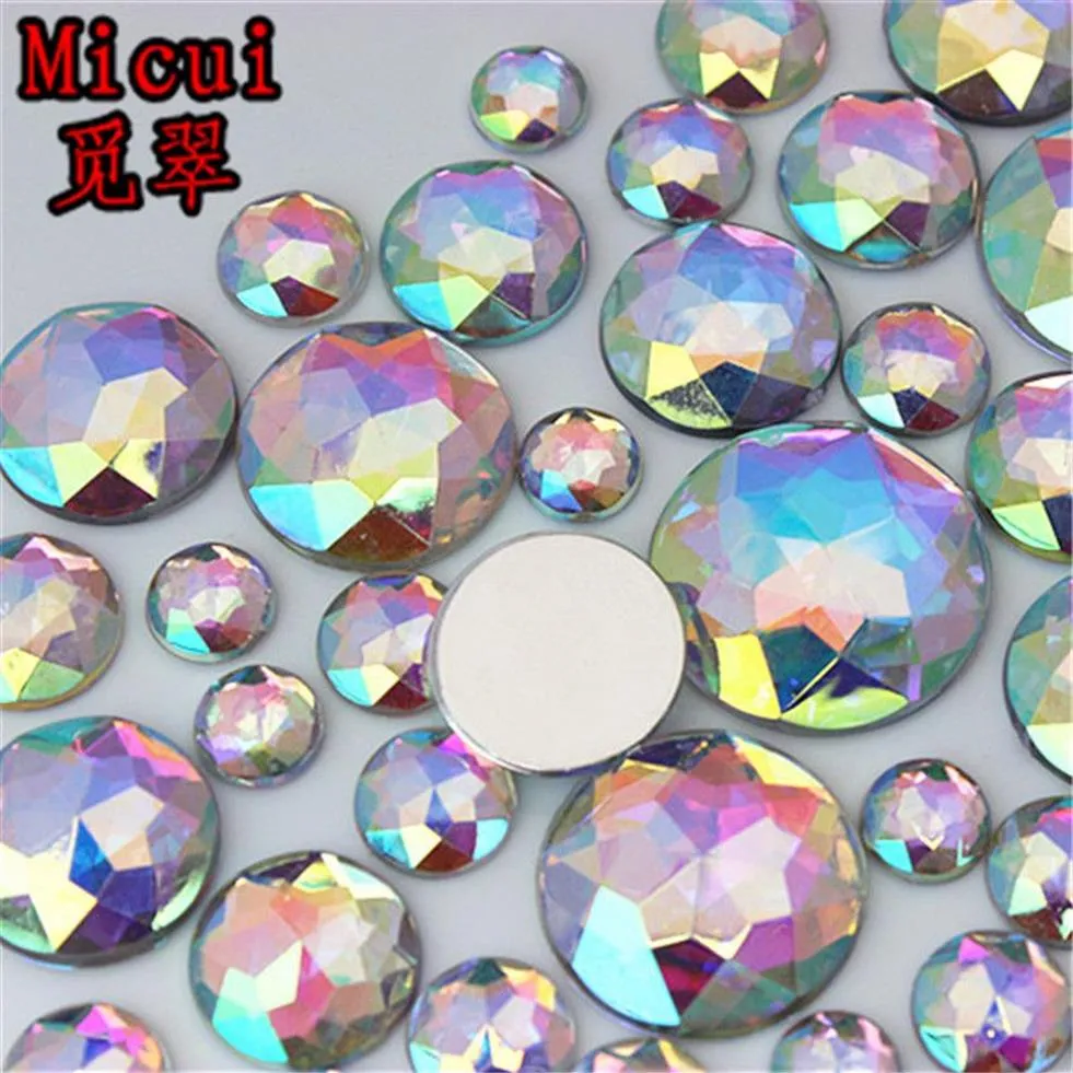 Micui 100pcs Round Crystals Chamfering AB Color Acrylic Rhinestones Crystal Stones Flat Back For Clothing Craft Decoration NO hole197G