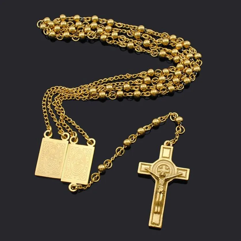 ATGO Rosary Beads Jesus Cross Religious Stainless Steel Necklace Womens Mens chain for men BRN18250n