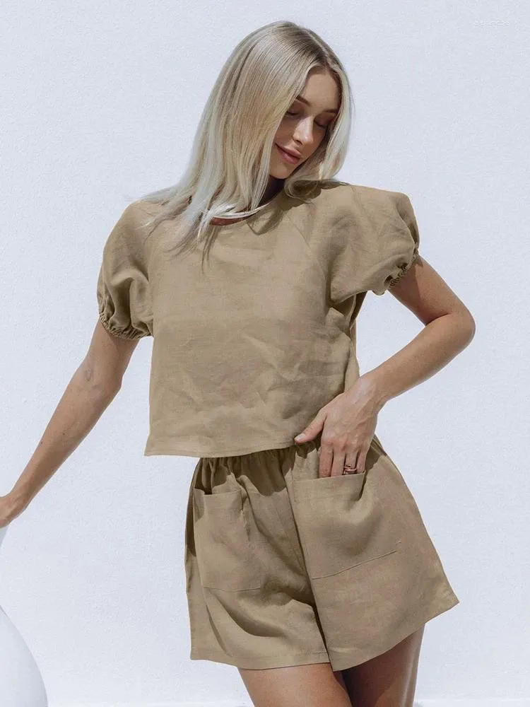 Kvinnors sömnkläder Hiloc Khaki Loose Cotton Pyjamas Set Lantern Short Sleeve Crop Tops Loungewear Double Pockets Hem