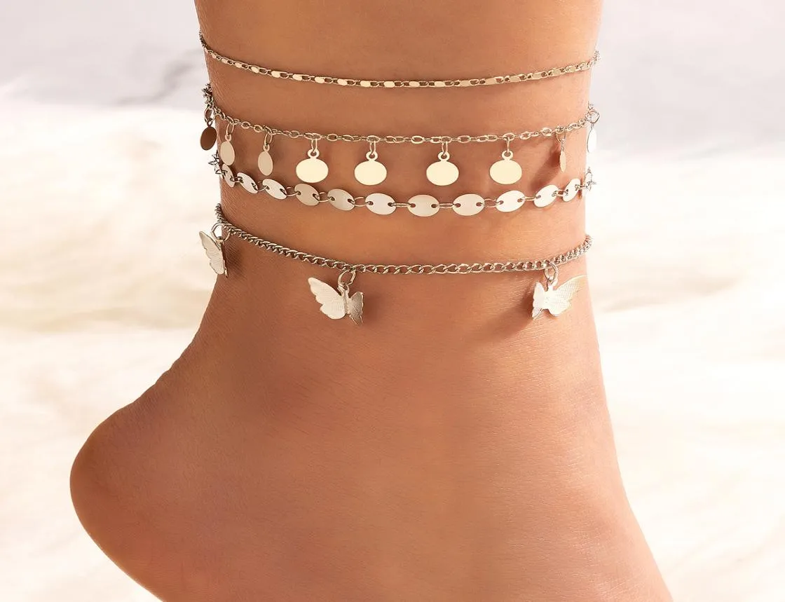 Tocona 4pcssets na moda borboleta borla tornozeleiras para mulheres encantos cor de ouro liga metal pé corrente boêmio jóias 149854512885