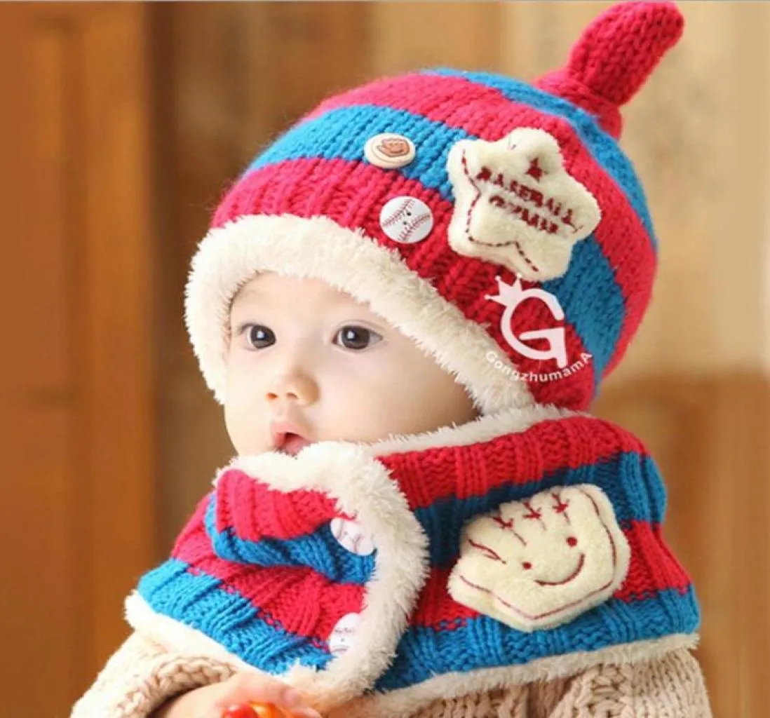 Mode Winter Baby Mützen Schal Set Kleinkind Mädchen Jungen Wollmützen Säuglingsgarne Häkelstrickmütze warme Ohrwickel Beanie Whole1286051