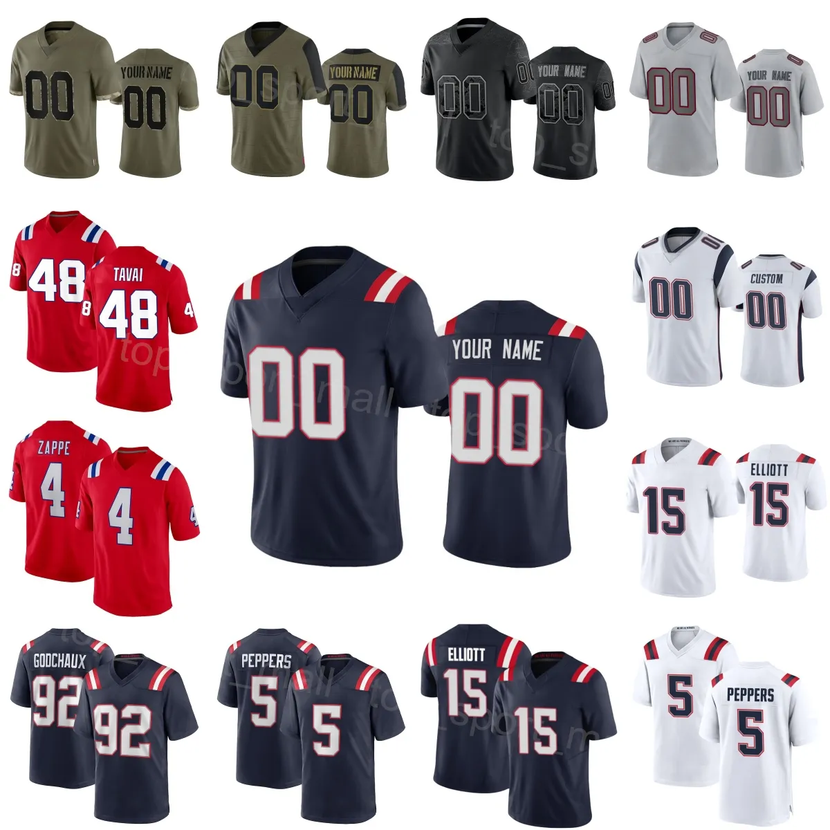 Män kvinnor ungdomsfotboll 15 Ezekiel Elliott Jersey 4 Bailey Zappe 81 Demario Douglas 48 Jahlani Tavai 5 Jabrill Peppers 92 Davon Godchaux 33 Anfernee Jennings Team