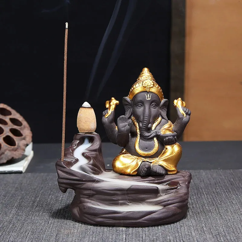 Elephant God Ganesha Back Flow censer Purple Clay Buddhist Home Decor Incense Clay Tea Pet Budda decorativo wholesale 231225