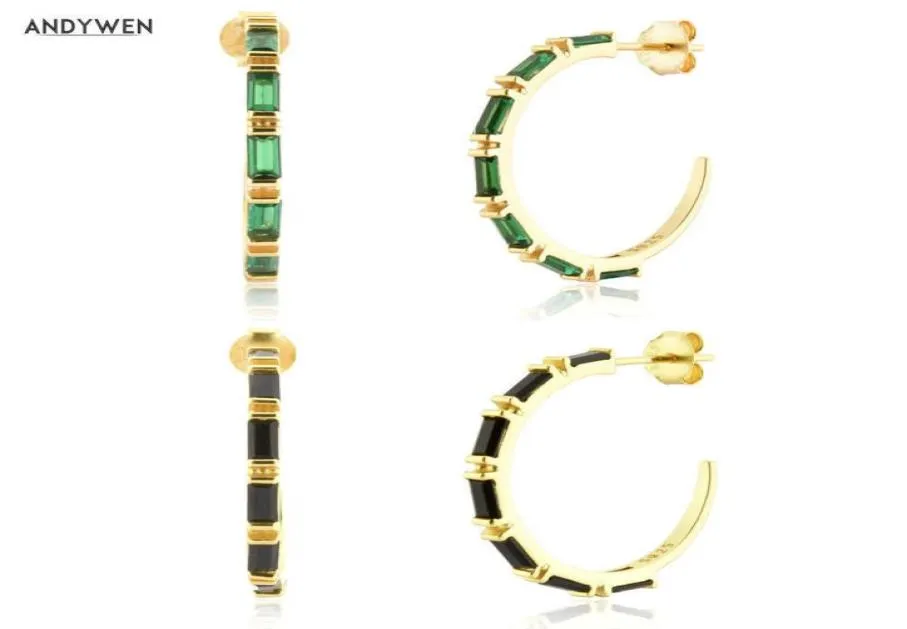 Andywen 925 Sterling Silver Gold 19mm Big Hoops Square Zircon Green Black Piercing Earring Rock Punk Stora smycken 2106082082791