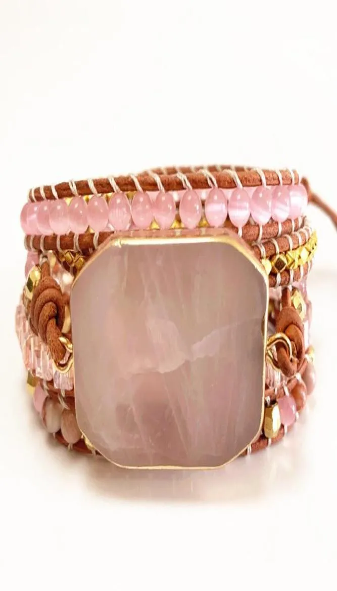 ST0101 Новый дизайн, женские браслеты из натурального розового кварца, кожаный браслет, необычные браслеты ручной работы Femme Boho7402813