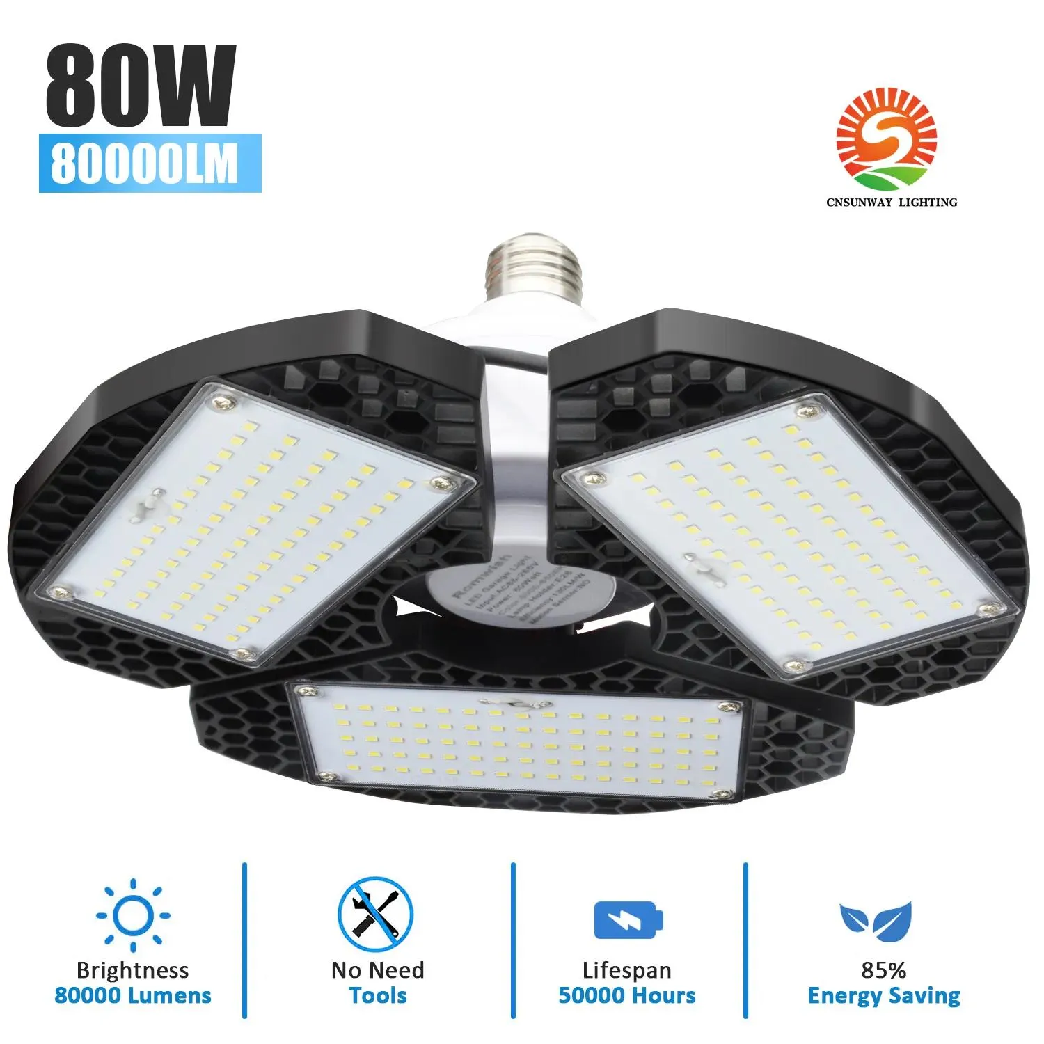 Lampen E26 LED-garageverlichting, 60W 80W LED-lamp Verlichtingsarmatuur, 6000K koud wit, 6000LM Vervormbaar Verstelbaar 3 panelen, Binnenverlichting L