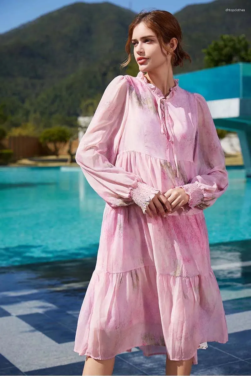 Robes décontractées Bandage à volants Robe mi-longue Mignon Polyester Longue Plage d'été Élégant Sexy Rose Manches florales pour les femmes