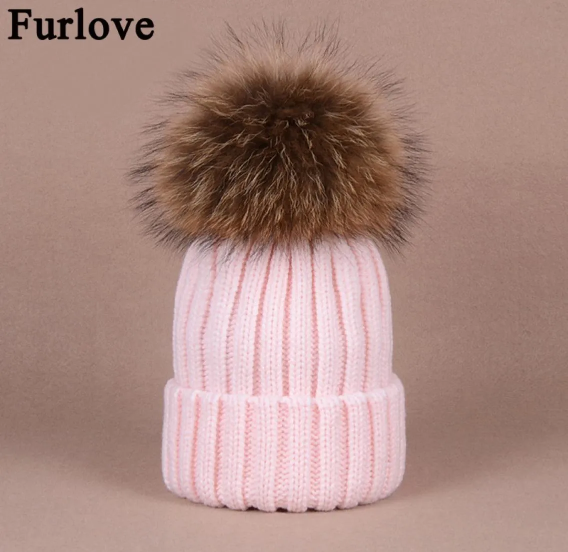 Furlove Real Raccoon Fur Womens winter Hat Genuine Fur Pompom Women Knitted Bobble Ski Hat Cap Winter Hats for women skullies1818001