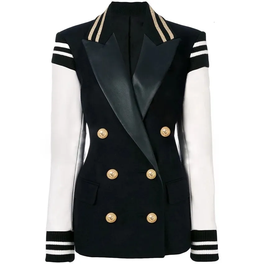 High Street Fashion Classic Varsity Jacket Womens Lion Button Double Breasted Leather Sleeve Patchwork Blazer 231225