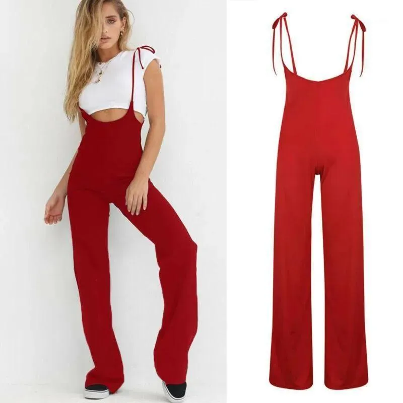 Rompers kvinnors jumpsuits rompers kvinnor lekduit röda långa byxor sommar Sling Bodycon Jumpsuit Kvinnlig ärmlös mode Höga midja Tro