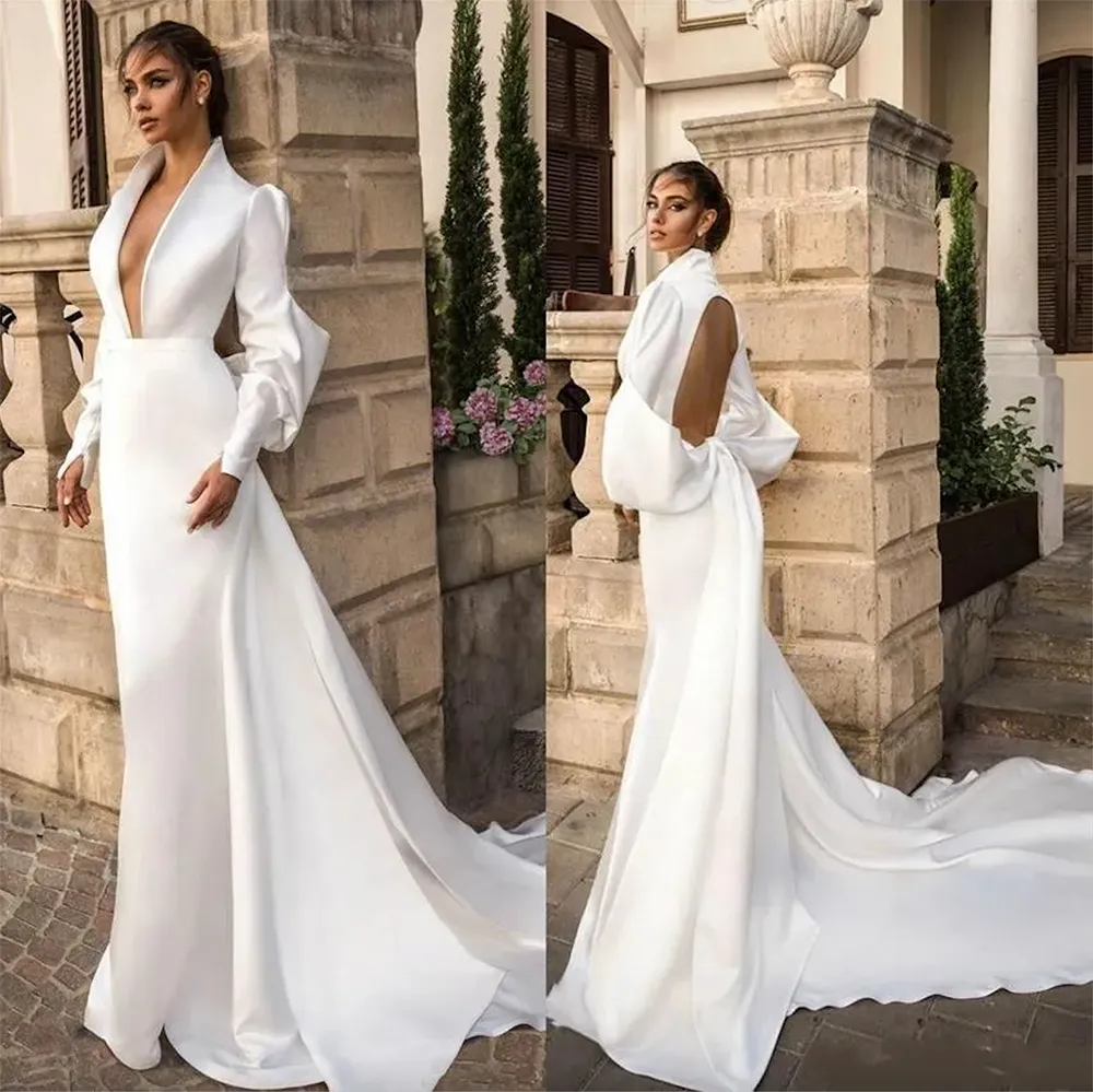 2024 Modest Unique Juliet Long Sleeve Wedding Dresses Mermaid Trumpet V-neck Piping Detachable Train Dubai Bridal Dress Robes De