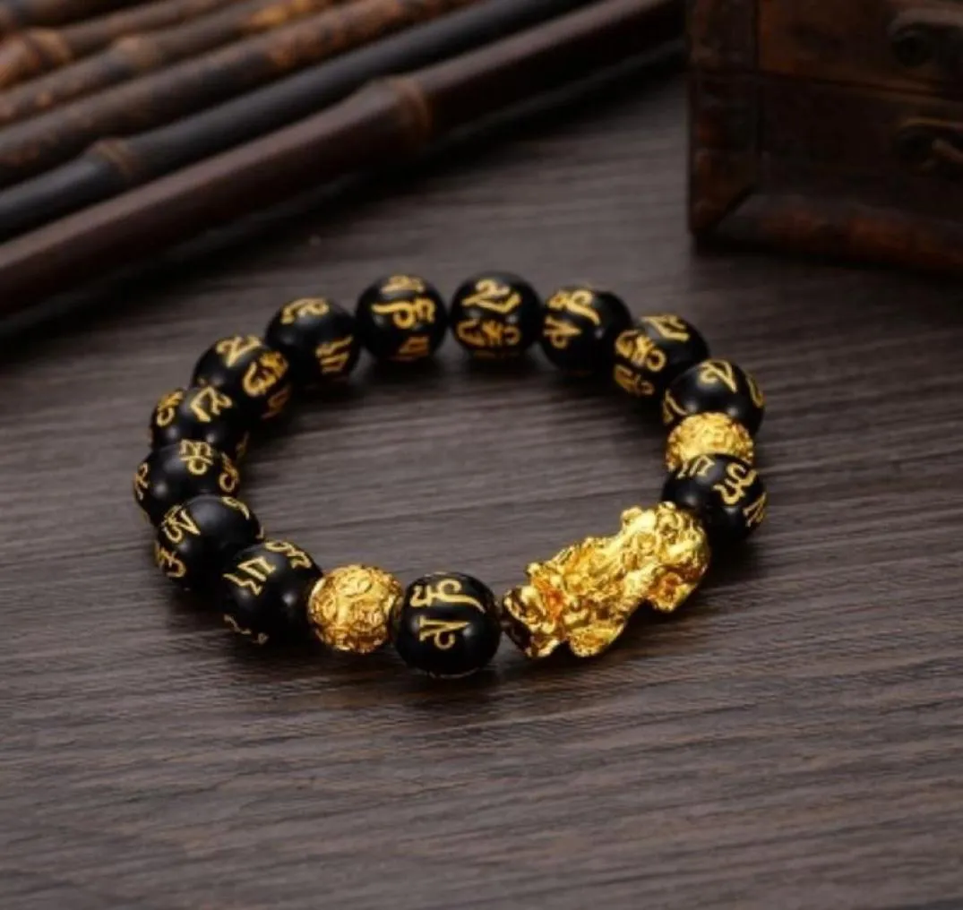 Beaded Strands Factory Direct s Feng Shui Obsidian Stone Beads Bracelet Men Women Wristband Gold Black Pixiu Wealth Good Luck3252472