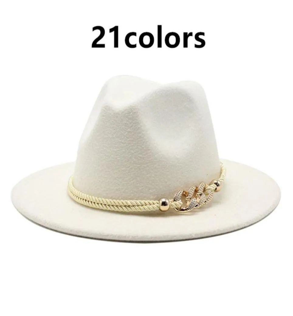 fedora chapeaux femmes matel corde chaîne bande ceinture de luxe Jazz Cap large bord solide église élégant noir blanc feutré seau chapeau chapeau wome7640928