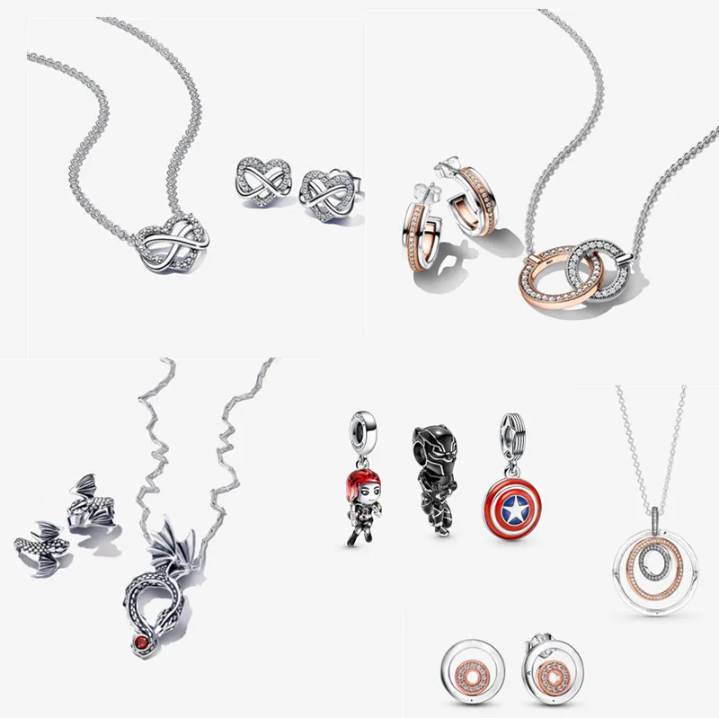 925 Silber Designer-Schmuck-Halsketten für Damen, luxuriöses Weihnachtsgeschenk, Perlenarmband, Ringe, DIY, passend für Pandoras Locked Together Love Charm-Halsketten-Ohrring-Set