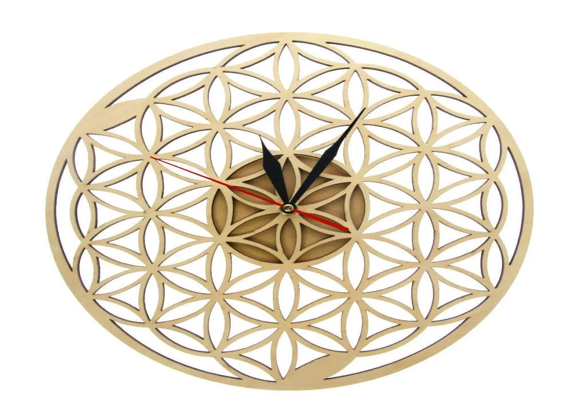 Fleur de vie intersecte anneaux géométrique horloge murale en bois géométrie sacrée découpé au laser horloge montre pendaison de crémaillère cadeau chambre décor Y2005679201