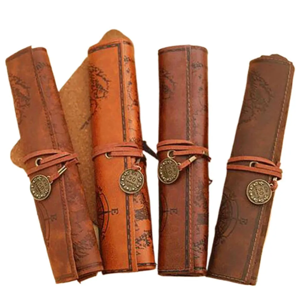 Holibanna Vintage Roll-Up Pencil Case - Leather Canvas Pen Bag With Map Print, Large Capacity For School, Office & Travel