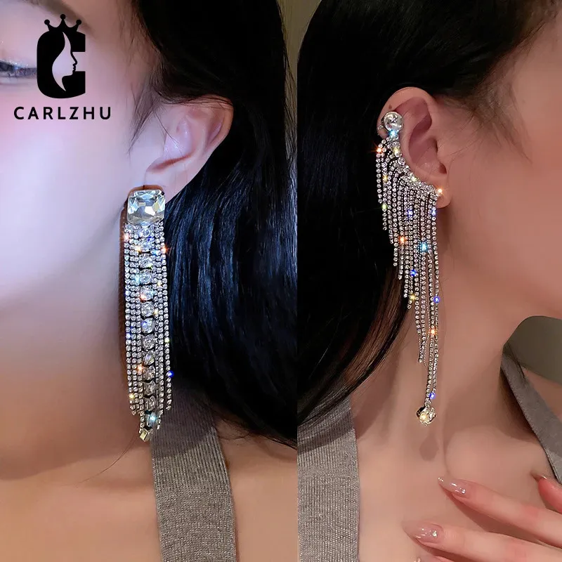 Luxury Asymmetric Shiny Rhinestone Long Tassel Drop Earrings Oversize Crystal Clip Earring Wedding Jewelry Valentine's Day Gift 231225