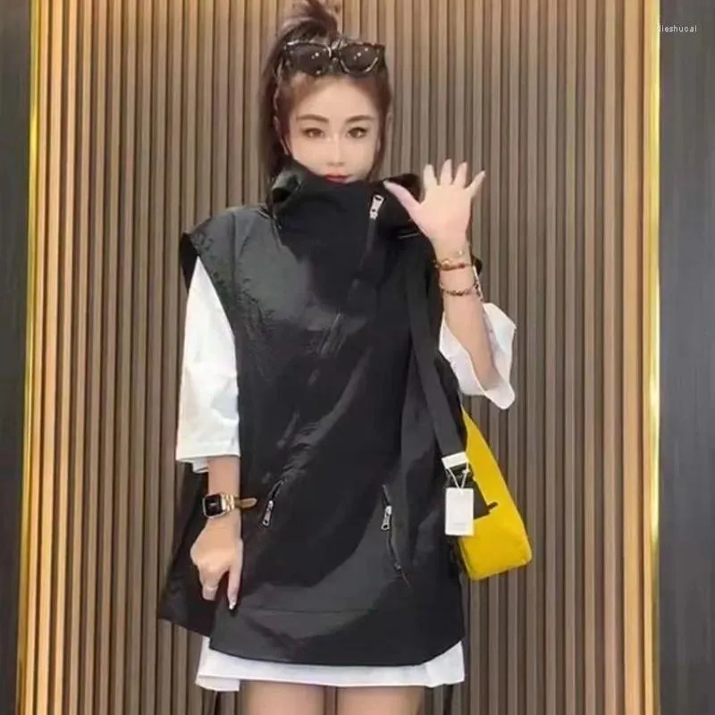 Coletes femininos sem mangas com capuz moletom jaqueta com capuz colete cardigans streetwear moda coreana cor sólida solta topos femininos