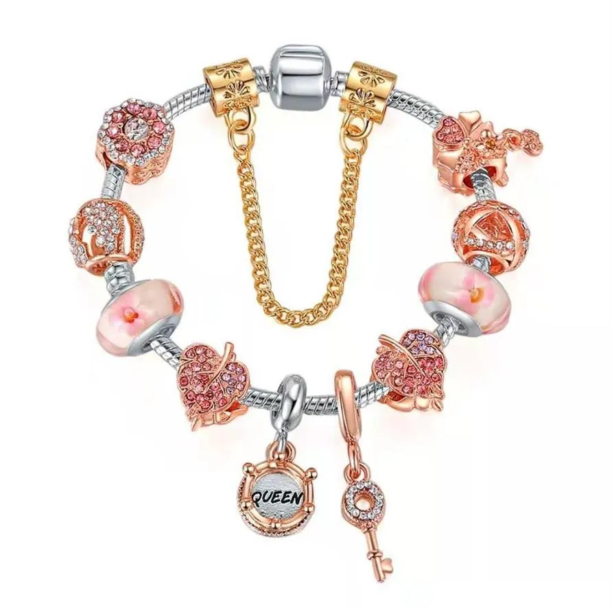 Bracelet à breloques en or rose, perles roses, chaîne serpent en argent 925, bracelet pendentif reine, accessoires bijoux à bricoler soi-même pour la Saint-Valentin gi241B